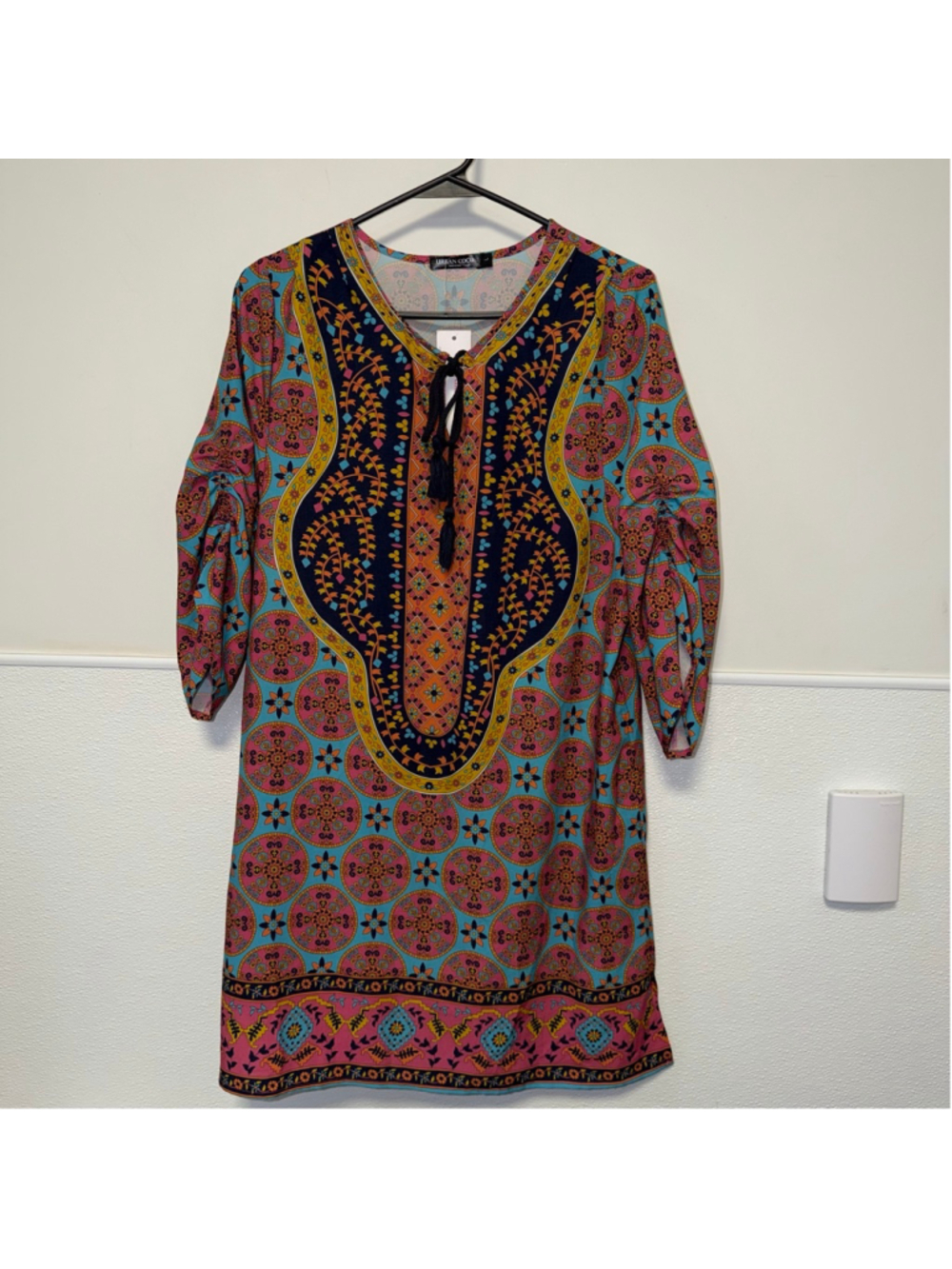 Women's Bohemian Neck Tie Urban Coco Mini Dress L Blue Pink Boho Print New NWT - Picture 2 of 14